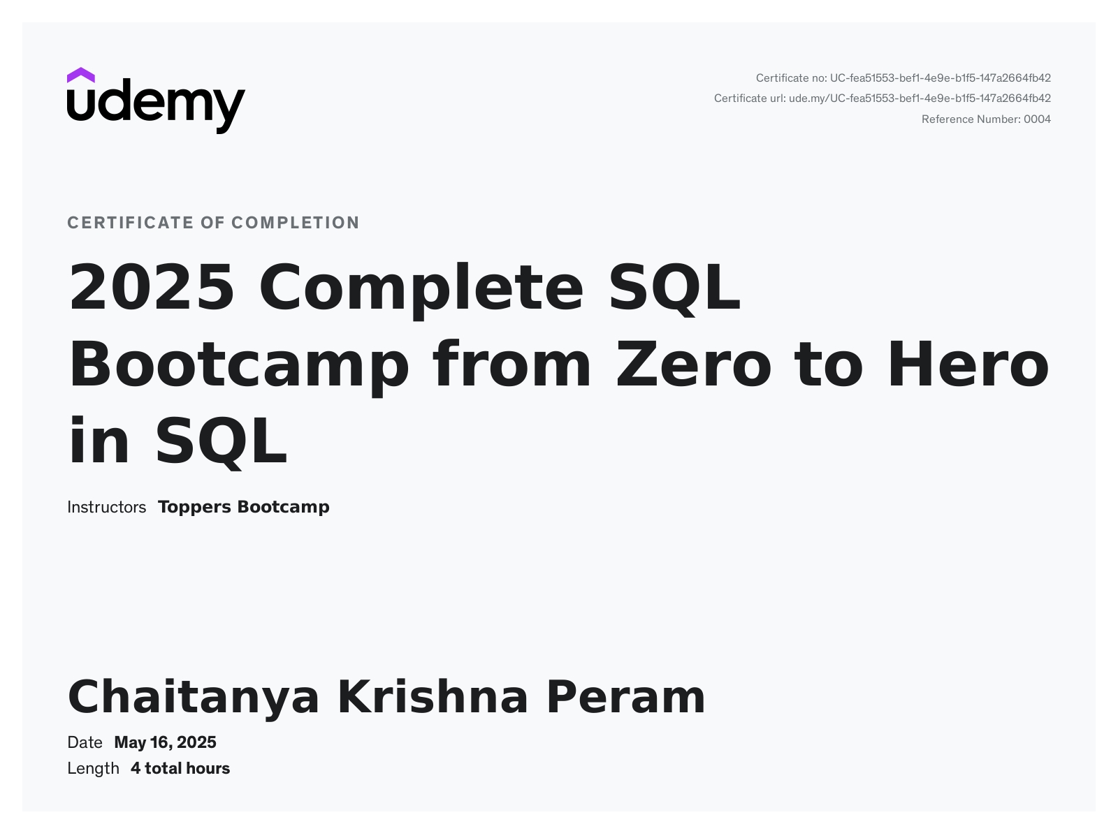 SQL Bootcamp Certificate